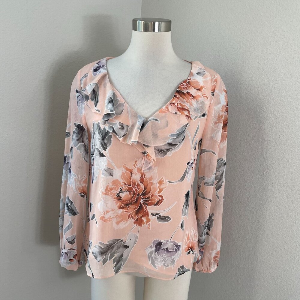 White House Black Market Womens 4 Floral‎ Ruffled V Neck Long Sleeve Blouse Top